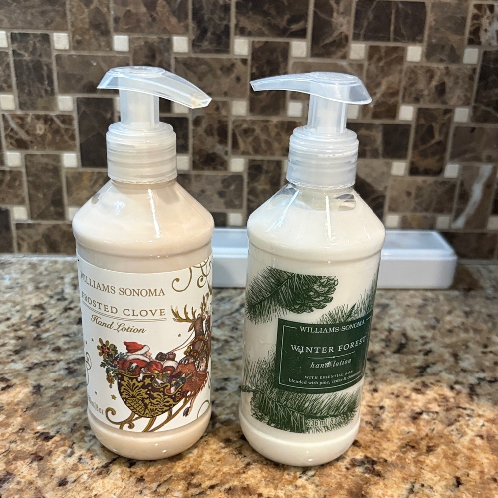 Williams Sonoma Frosted Clove and Winter Forest Hand Lotions - White & Cream